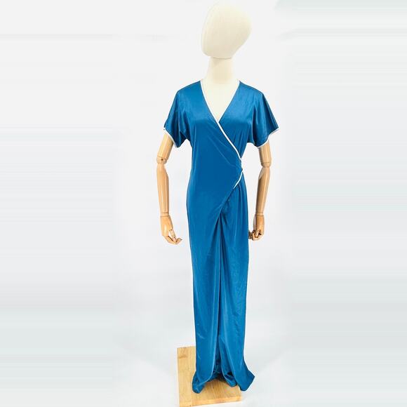 Vintage 80s Blue Nylon White Trim Wrap Retro Jumpsuit - Picture 1 of 9